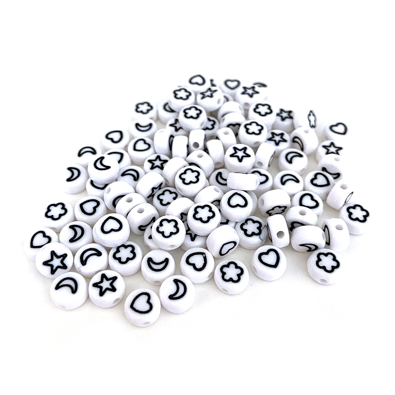 15 Stk. Symbol Perlen Mix aus Acryl / Blume-Herz-Mond-Stern / Weiß-schwarz