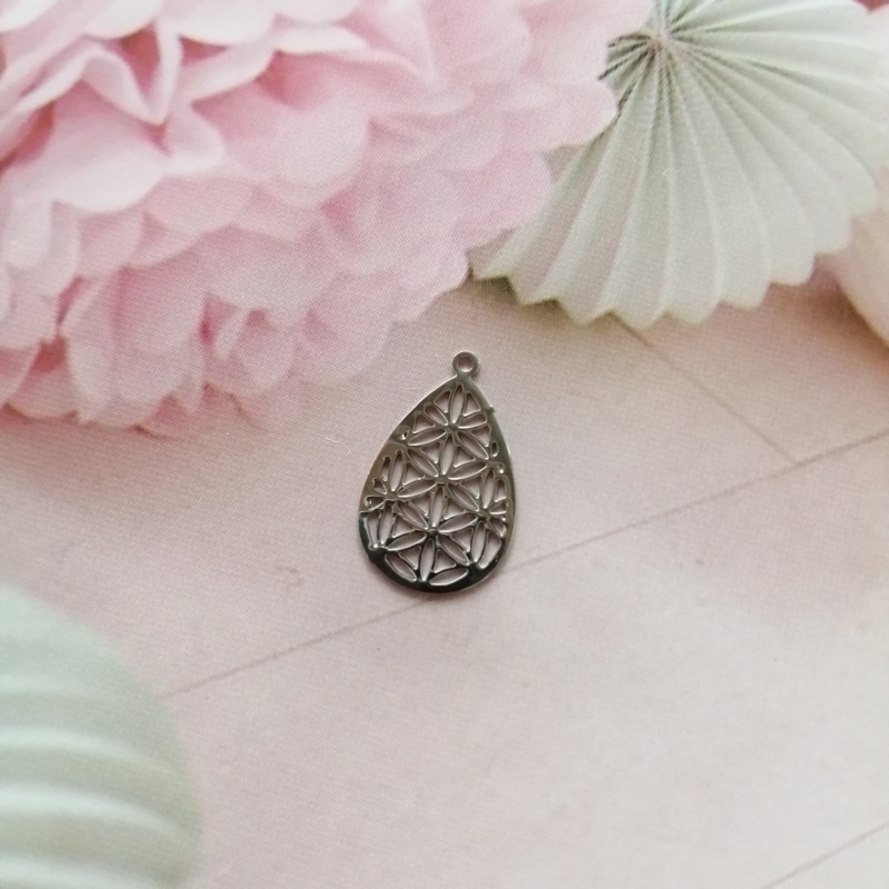 Anhänger Metall DQ Blume des Lebens Tropfen Silber
